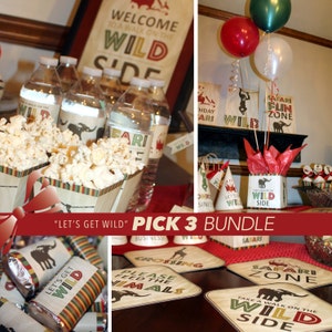 May include: A set of printable party decorations for a safari-themed birthday party. The decorations include signs, banners, and labels with a jungle animal theme. The text on the signs includes "Welcome to a walk on the wild side", "Safari Fun Zone", "Let's Get Wild", "Please Feed the Animals", and "Take a Walk on the Wild Side".