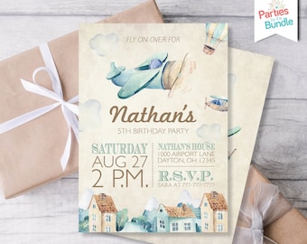 May include: A light blue airplane with a brown propeller flies over a town with houses and clouds. The text "FLY ON OVER FOR Nathan's 5TH BIRTHDAY PARTY" is on the invitation. The date and time of the party are "SATURDAY AUG 27 2 PM." The location is "NATHAN'S HOUSE 1000 AIRPORT LANE DAYTON, OH 12345". The RSVP information is "R.S.V.P. SARA AT 777-777-7777".