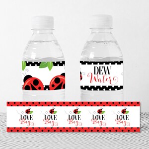May include: Two clear water bottles with labels featuring ladybug designs. One label says "DEW Water" in red script. The other label has ladybugs and the text "Love Bug". A matching label strip is below.