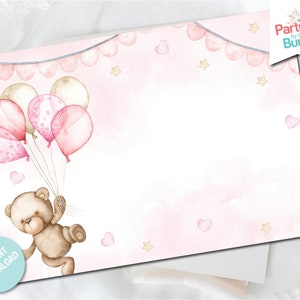 May include: A pink and white printable party invitation with a teddy bear holding balloons. The invitation features a pink and white watercolor background with stars and hearts. The text "Parties by the Bundle" is in the top right corner.
