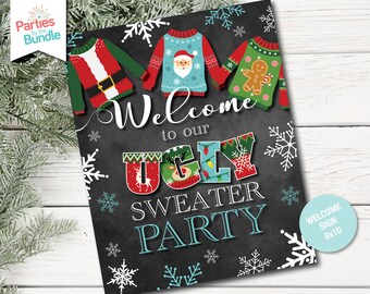 Letrero de bienvenida para fiesta navideña con suéter feo, decoración con suéter feo, letrero imprimible con suéter feo, imprimible navideño, descarga instantánea.