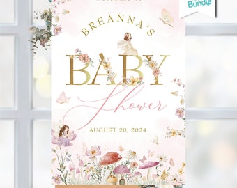 May include: A pink and white baby shower welcome sign with gold lettering that says "Welcome to Breanna's Baby Shower" and the date "August 20, 2024". The sign features a fairy, butterflies, and flowers.