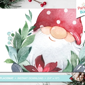 May include: A watercolor illustration of a gnome with a red and white hat, surrounded by green leaves and a red flower. The gnome is smiling and has a white beard. The image is a printable placemat, measuring 14 inches by 10 inches.