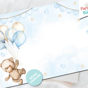 May include: A blue and white watercolor background with a teddy bear holding blue and gold balloons. The background has a string of blue flags and stars. The text "Parties by the Bundle" is in the top right corner.