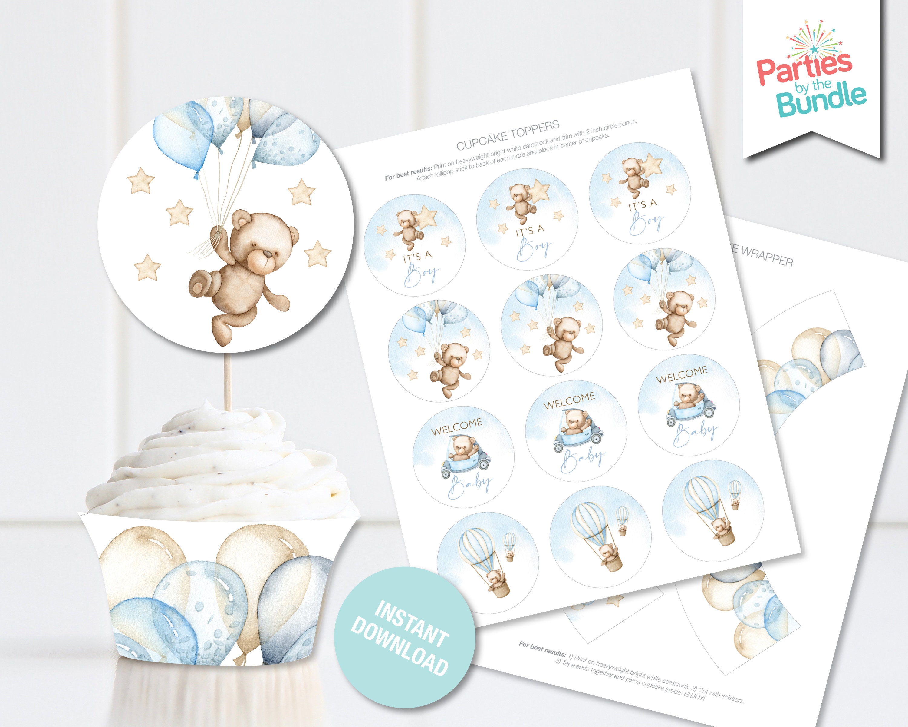 Teddy Bear Cupcake Toppers Teddy Baby Shower Decorations Teddy Baby Shower Cupcake Wrappers Shower Decor DIGITAL INSTANT