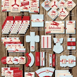 Pu&ograve; includere: Decorazioni per feste stampabili per una festa di compleanno a tema aereo. Il set include poster, tende per il cibo, etichette per bottiglie d'acqua, topper per cupcake, involucri per cupcake, scatole regalo, cerchi Hershey's Kiss, anelli per tovaglioli, bandierine di paglia, un cartello da giardino, un cartello di benvenuto, etichette di ringraziamento, topper per sacchetti regalo e pagine di album di ritagli. Le decorazioni presentano aerei rossi e blu con nuvole bianche su uno sfondo blu e bianco a righe.