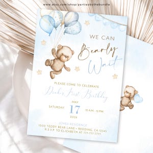EDITABLE We Can Bearly Wait Invitation | Blue Teddy Bear Birthday Invite for Boy | Corjl Template T2