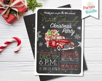 Vintage Red Truck Christmas Invitation | Old Time Retro Car Invite | DIGITAL FILE