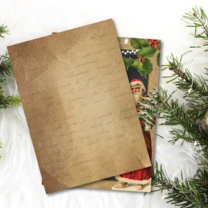 May include: A vintage Christmas card featuring a Santa Claus illustration with a red suit, white beard, and a red hat. The card has a brown background with a holly sprig and berries.