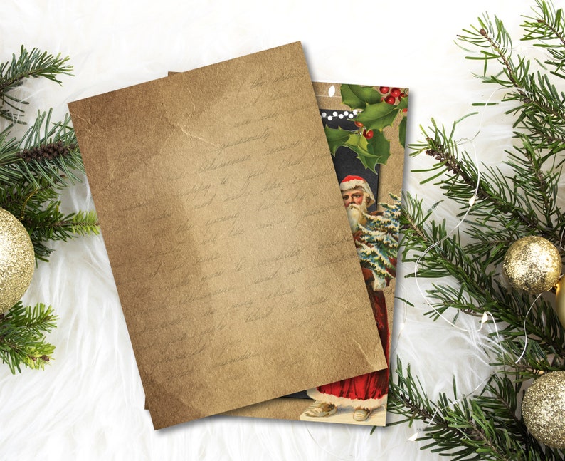 May include: A vintage Christmas card featuring a Santa Claus illustration with a red suit, white beard, and a red hat. The card has a brown background with a holly sprig and berries.