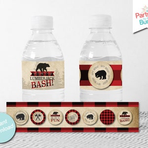 Lumberjack Birthday Water Bottle Label, Buffalo Plaid Water Labels, Flannel Party Decor, INSTANT DOWNLOAD L4