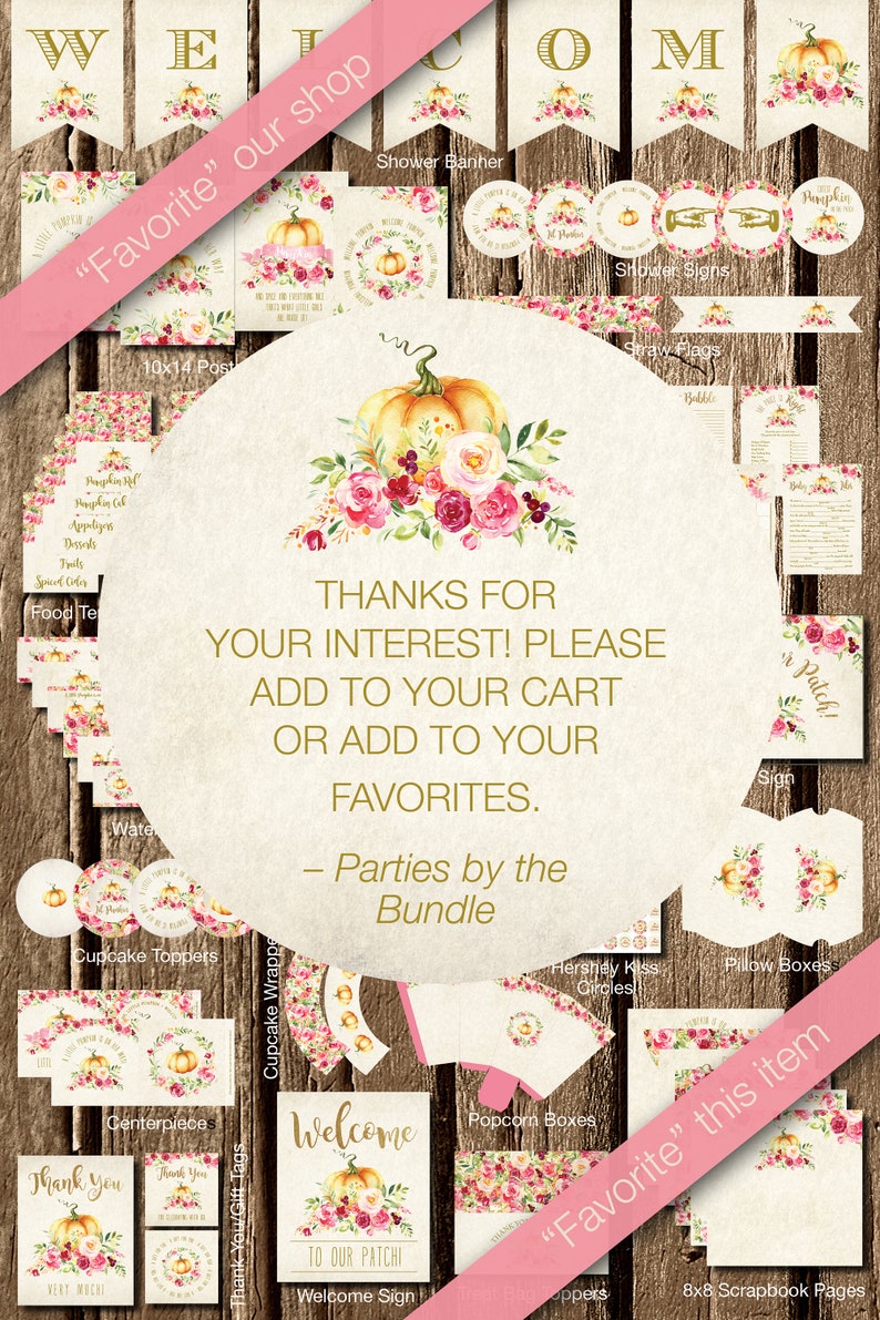 Puede incluir: Un conjunto de suministros para fiestas con tem&aacute;tica oto&ntilde;al con un dise&ntilde;o de calabaza y flores. Incluye pancartas, letreros, adornos para cupcakes y m&aacute;s. El texto dice "&iexcl;Bienvenido a nuestro parche!" y "&iexcl;Muchas gracias!"