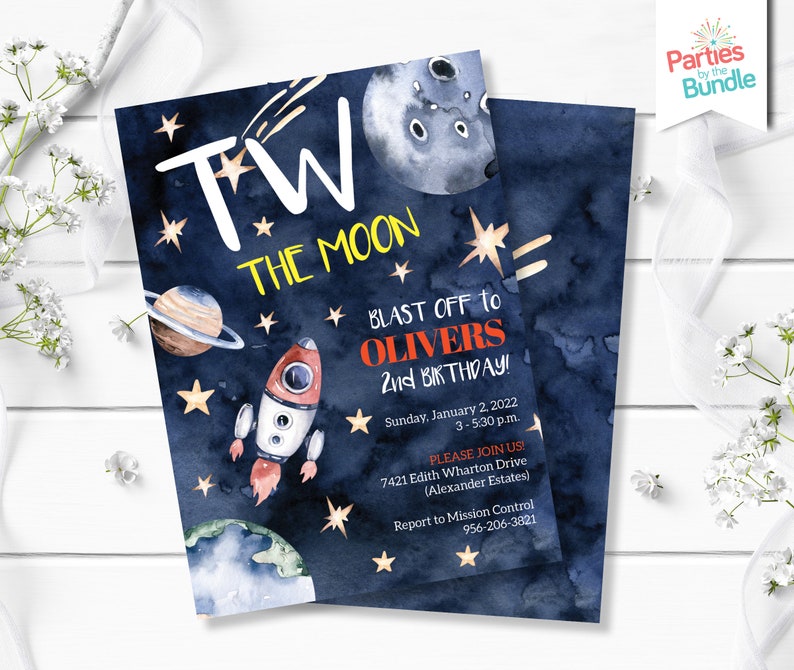 Rocket Birthday Party Invitation Two the Moon Outer Space Invite Space Party Planets Party Galaxy Birthday Boy 2nd Birthday