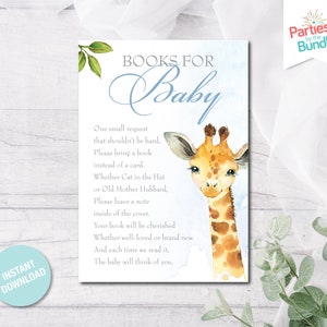 Boeken voor babykaart, blauwe giraffe babyshower, boeken voor baby-insert, boekaanvraagkaart, afdrukbare insert, neem een boek mee, INSTANT DOWNLOAD