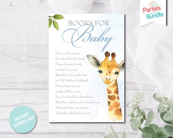 Może przedstawiać: Niebieskie i białe zaproszenie na baby shower z akwarelową ilustracją żyrafy. Tekst brzmi "Książki dla dziecka" i prosi gości o przyniesienie książki zamiast karty.