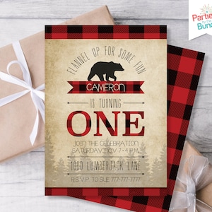 Holzfäller Einladung zum 1. Geburtstag, Buffel Karo Party einladen, Flanell Party Einladung, Junge erster Geburtstag einladen #001 L4