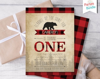 Lumberjack 1st Birthday Invitation, Buffalo Plaid Party Invite, Flannel Up for Some Fun Party Invitation, Boy First Birthday Invite #001