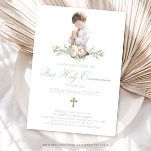 MODIFIABLE Première invitation de communion pour le baptême d'un garçon | Faire-part de baptême | Modèle Corjl HC1