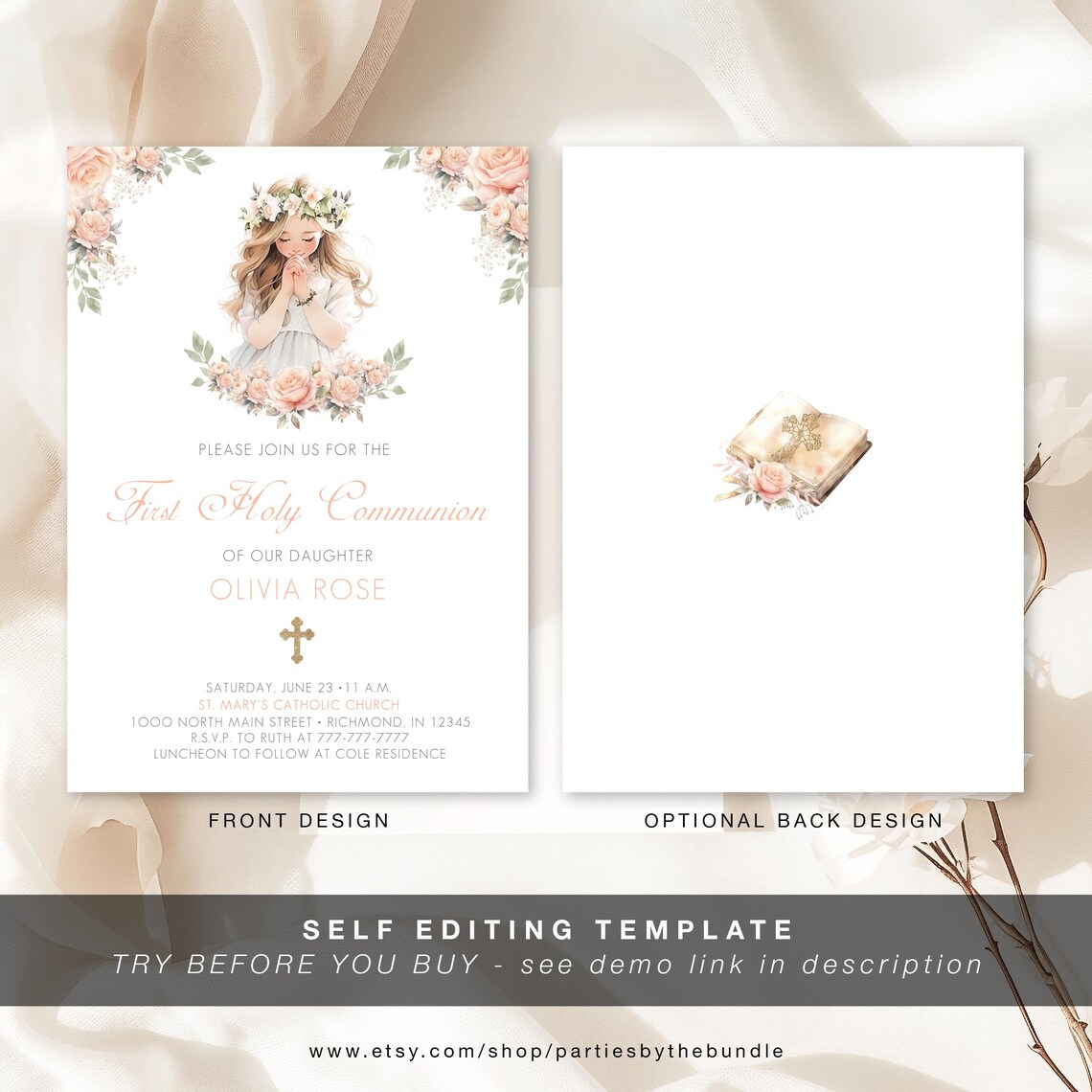 EDITABLE Floral First Communion Invitation for Girls | Praying Hands ...