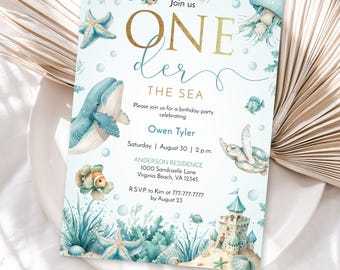 Faire-part de premier anniversaire MODIFIABLE sous la mer | Une invitation sous la mer | Soirée à thème océan #002 S2
