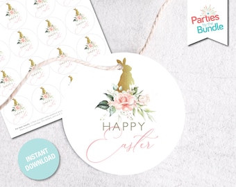 Floral Easter Bunny Gift Tags | Printable Circle Stickers | INSTANT DOWNLOAD