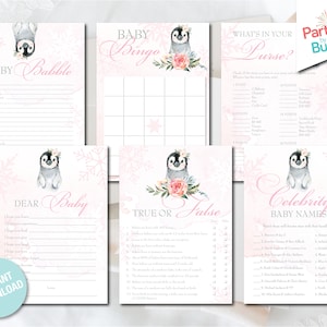 Roze pinguïn babyshowerspelletjes, pinguïn printables, babybingo, babygebabbel, lieve baby, wat zit er in je portemonnee, INSTANT DOWNLOAD P07