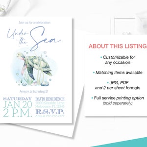 K&ouml;nnte beinhalten: Einladung zu einer "Unter dem Meer"-Party mit einer Aquarell-Illustration einer Meeresschildkr&ouml;te. Die Einladung enth&auml;lt den Text "Feiern Sie mit uns", "Unter dem Meer", "Avery wird 3!", "Samstag, 20. Januar, 14:00 Uhr", "Davis Residence, 1000 Seaside Lane, Melbourne, FL 12345", und "R.S.V.P. Amy unter 777-777-7777".