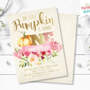 May include: A beige invitation card with gold lettering that reads "Our Little Pumpkin is Turning One." A watercolor pumpkin and floral arrangement are featured. The name "Emmy Richards" is on a pink banner.