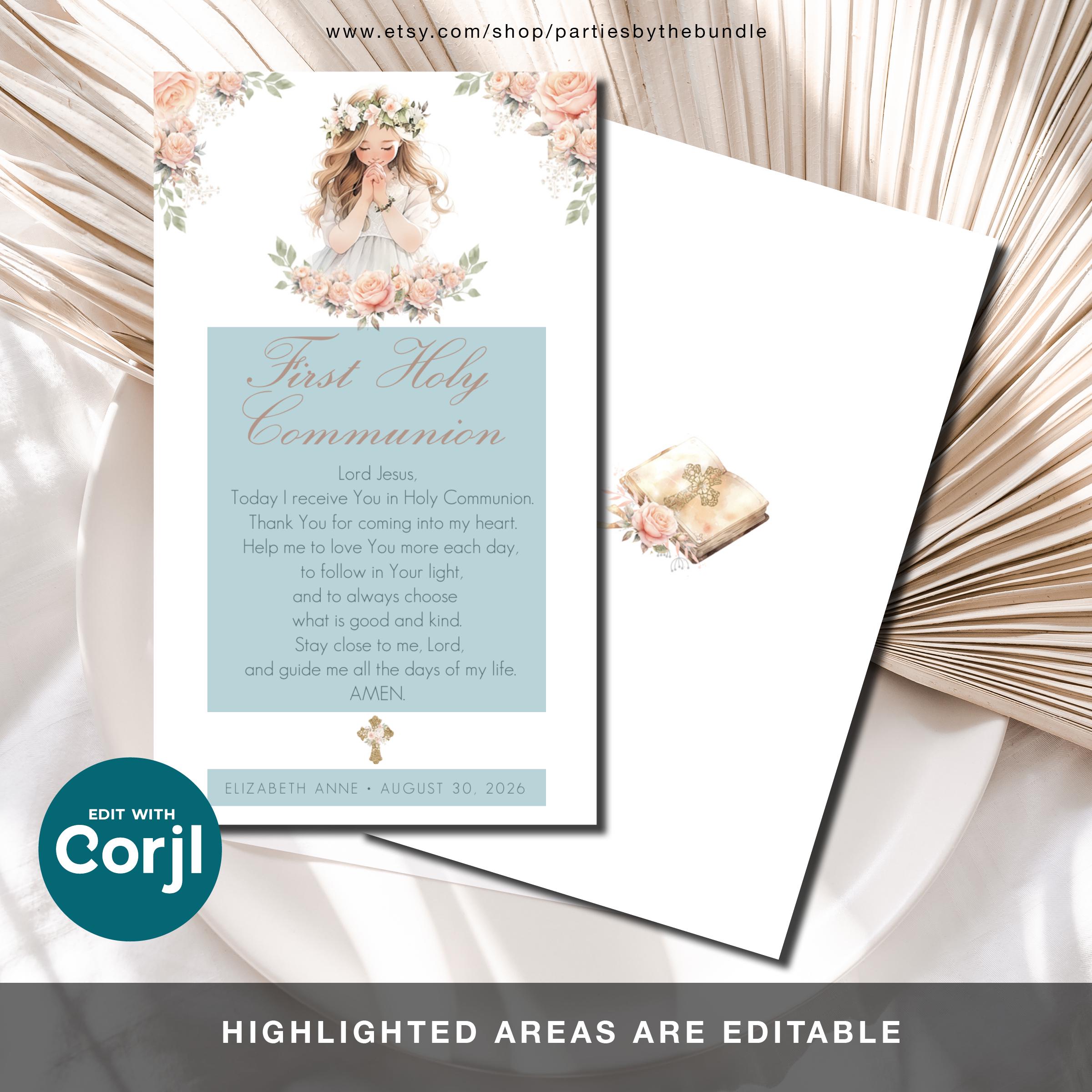 EDITABLE First Holy Communion Prayer Card for Girl | Christening ...
