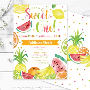 EDITABLE Sweet One Fruit Birthday Invitation | Tropical Summer 1st Birthday Invite | Watermelon Strawberry Pineapple | Corjl Template TF1