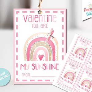 Printable Valentine's Day Gift Tag, Pink Rainbow Favor Tag, Printable ...