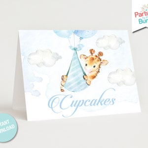Blue Giraffe Baby Shower Food Tags Baby Safari Table Setting Food Signs Up Up and Away It&#39;s a Boy Place Cards INSTANT DOWNLOAD G3