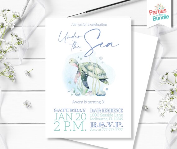 Sea Turtle Birthday Party Invitation, Under the Sea Invite, Ocean Creatures Birthday, Digital or Printed, Summer Pool Party, Ocean Party