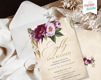 Peut inclure: Une carte d'invitation beige avec un motif floral dans les tons de violet et de rose. Le texte indique "Eighty and Blessed" et comprend les détails d'une célébration de 80e anniversaire pour Fayetta Richards. L'événement aura lieu le dimanche 10 mai 2020 à 11h00 au Tea Caddy, 1000 Main St., Melbourne, FL 12345. RSVP à Jamie au 777-777-7777. Votre présence est le seul cadeau souhaité.