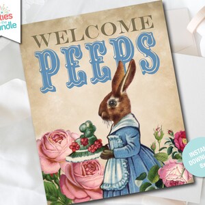 May include: A vintage-style welcome sign with the text "WELCOME PEEPS" in blue and gold lettering. A brown rabbit wearing a blue dress and holding a plate of pink and green sweets is in the centre of the sign. The sign is surrounded by pink roses.