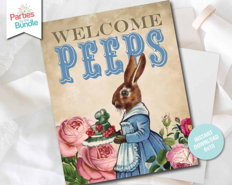May include: A vintage-style welcome sign with the text "WELCOME PEEPS" in blue and gold lettering. A brown rabbit wearing a blue dress and holding a plate of pink and green sweets is in the centre of the sign. The sign is surrounded by pink roses.