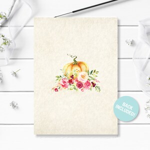 May include: A watercolor illustration of a pumpkin with a green stem and a floral arrangement of pink, red, and yellow flowers. The text "BACK INCLUDED!" is on a light blue circle.