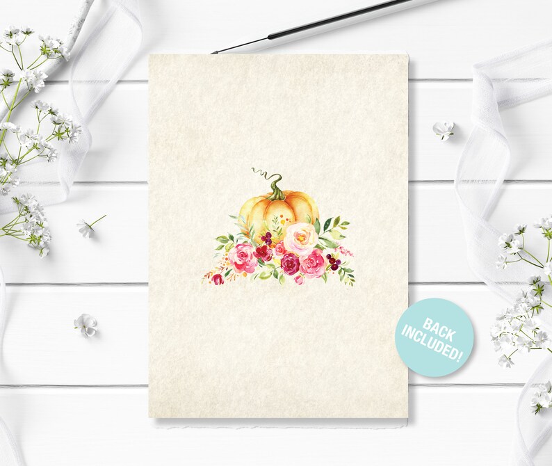 May include: A watercolor illustration of a pumpkin with a green stem and a floral arrangement of pink, red, and yellow flowers. The text "BACK INCLUDED!" is on a light blue circle.