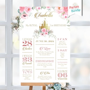 Sinal de marcos do primeiro aniversário da princesa | Era Uma Vez Decoração de Cavalete | ARQUIVO DIGITAL