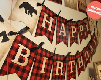 Lumberjack Birthday Banner: Buffalo Plaid Party Decorations (Digital Download) L4