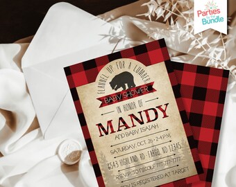 Może przedstawiać: Zaproszenie na baby shower w czerwono-czarną kratę z sylwetką niedźwiedzia i tekstem "Flannel Up for a Lumberjack Baby Shower in Honor of Mandy and Baby Isaiah". Zaproszenie zawiera datę, godzinę, adres, informacje RSVP i dane dotyczące rejestru.