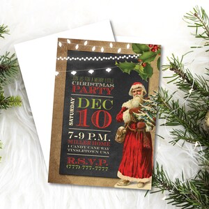May include: A Christmas party invitation with a chalkboard background, a Santa Claus illustration, and the text "Join us for a merry little Christmas Party Dec 10 7-9 P.M. Miller Home 1 Candy Cane Way Tinsletown USA R.S.V.P. (777) 777-7777".
