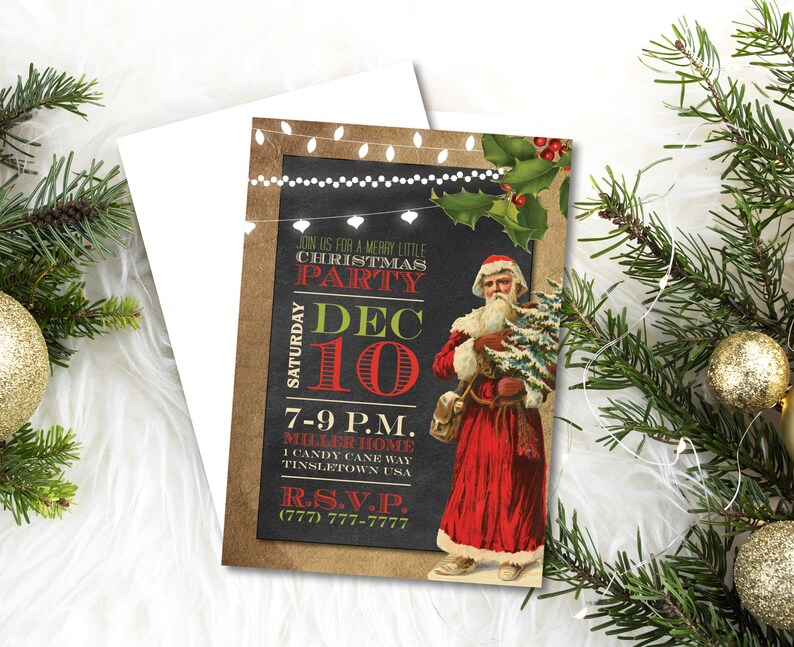 May include: A Christmas party invitation with a chalkboard background, a Santa Claus illustration, and the text "Join us for a merry little Christmas Party Dec 10 7-9 P.M. Miller Home 1 Candy Cane Way Tinsletown USA R.S.V.P. (777) 777-7777".