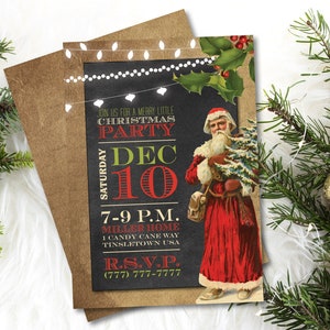 May include: A Christmas party invitation with a vintage illustration of Santa Claus holding a Christmas tree. The invitation is on a brown background with white lights and the text "JOIN US FOR A MERRY LITTLE CHRISTMAS PARTY SATURDAY DEC 10 7-9 P.M. MILLER HOME 1 CANDY CANE WAY TINSLETOWN USA R.S.V.P. (777) 777-7777"