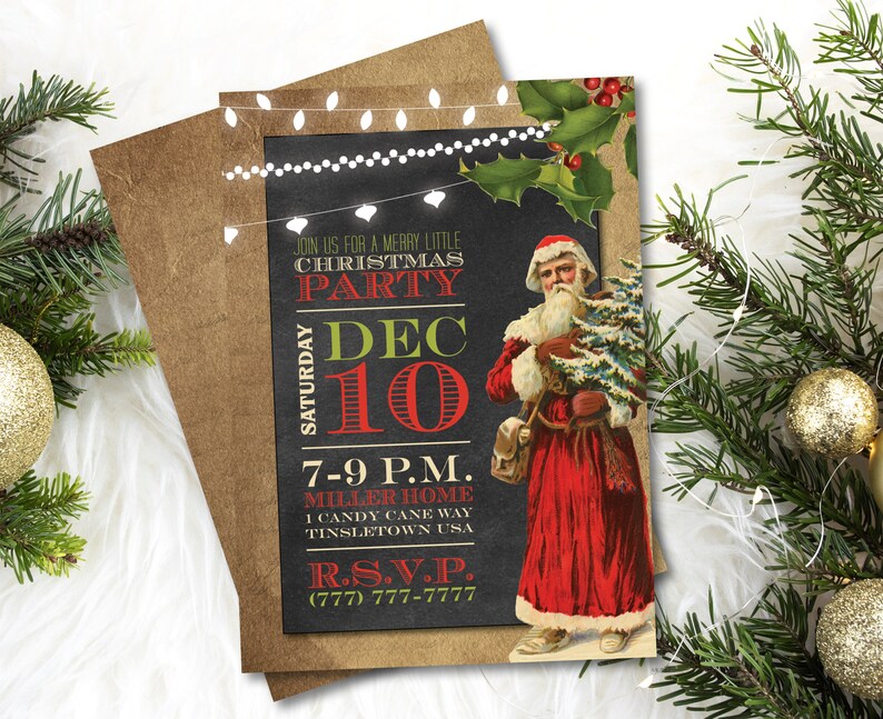 May include: A Christmas party invitation with a vintage illustration of Santa Claus holding a Christmas tree. The invitation is on a brown background with white lights and the text "JOIN US FOR A MERRY LITTLE CHRISTMAS PARTY SATURDAY DEC 10 7-9 P.M. MILLER HOME 1 CANDY CANE WAY TINSLETOWN USA R.S.V.P. (777) 777-7777"