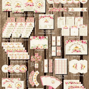 Puede incluir: Un conjunto de suministros para fiestas con tem&aacute;tica oto&ntilde;al y est&eacute;tica r&uacute;stica. Incluye pancartas, carteles, etiquetas, envoltorios y tarjetas de juego, todos con dise&ntilde;os florales, calabazas y el texto "Welcome to Our Patch!" en letras doradas.