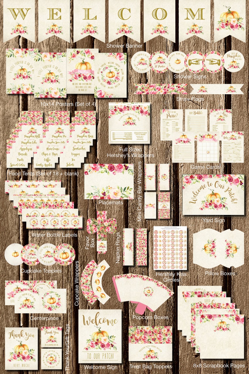 Puede incluir: Un conjunto de suministros para fiestas con tem&aacute;tica oto&ntilde;al y est&eacute;tica r&uacute;stica. Incluye pancartas, carteles, etiquetas, envoltorios y tarjetas de juego, todos con dise&ntilde;os florales, calabazas y el texto "Welcome to Our Patch!" en letras doradas.