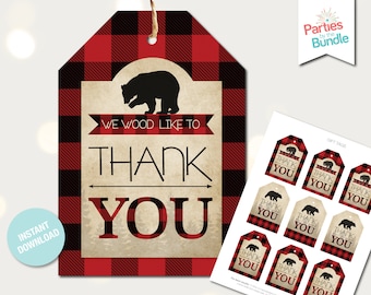 May include: Red and black buffalo plaid thank you gift tags with a bear silhouette and the text "We wood like to thank you".