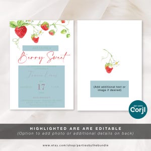 EDYTOWALNE Zaproszenie na 1. urodziny Berry Sweet | Zaproszenie Sweet One Strawberry dla dziewczynki | Motyw letnich owoców | Szablon Corjl BS2 zdjęcie 5