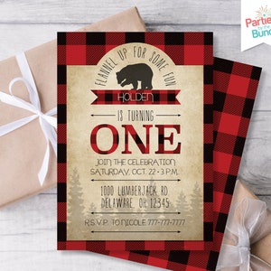 Holzfäller Einladung zum 1. Geburtstag, Buffel Karo Party einladen, Flanell Party Einladung, Junge erster Geburtstag einladen #002 L4